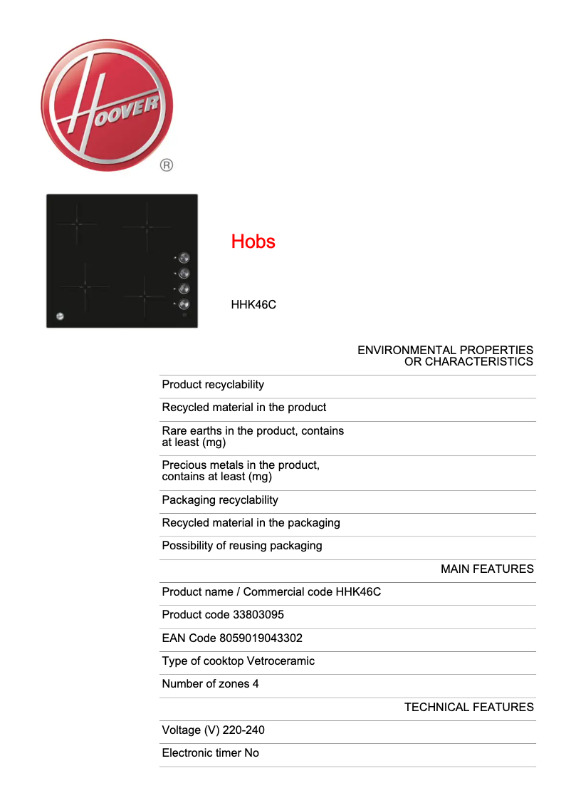 Página 1 del manual Ficha técnica Hoover HHK46C