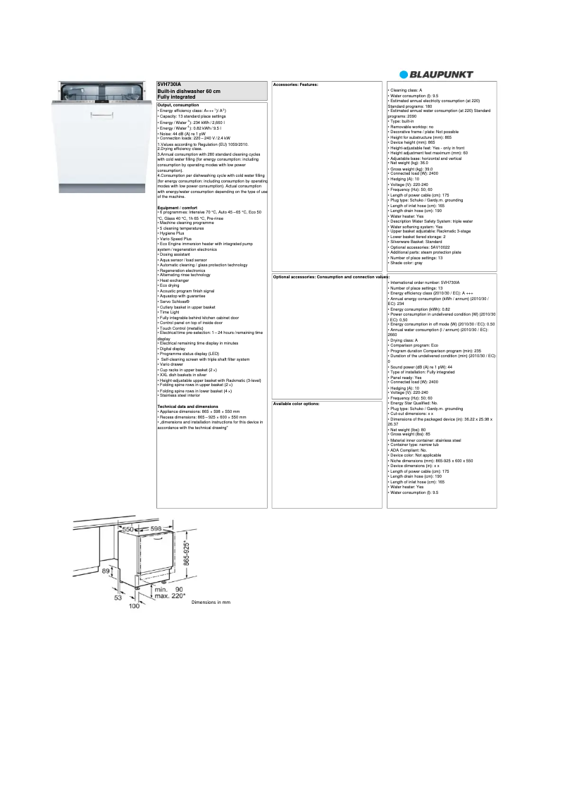 Page n°1 - Fiche technique Blaupunkt 5VH 730IA