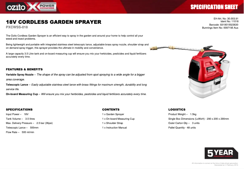 Page 1 de la notice Fiche technique Ozito PXCWSS-018