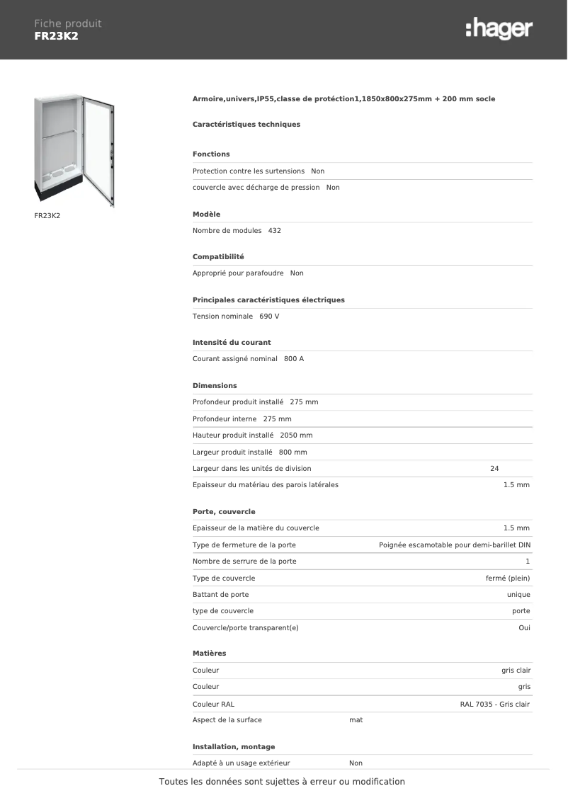 Page n°1 - Fiche technique Hager FR23K2