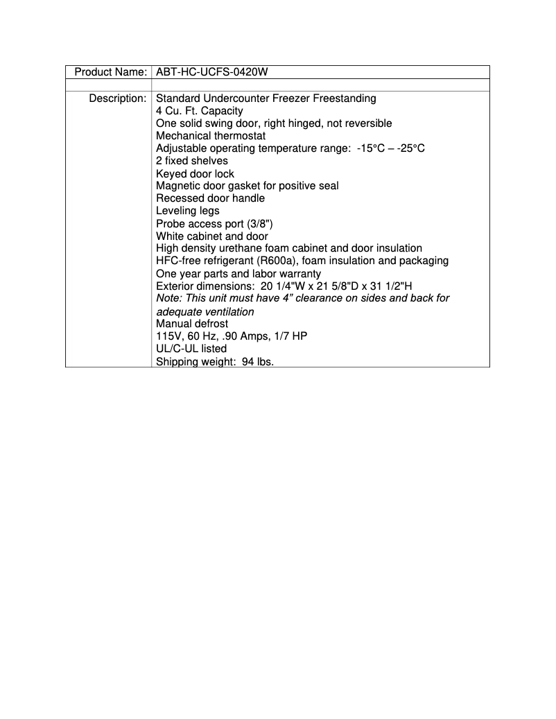 Page 1 de la notice Fiche technique American BioTech Supply ABT-HC-UCFS-0420W