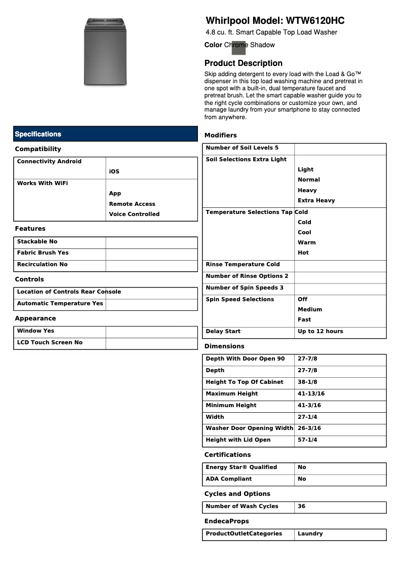 Page 1 de la notice Fiche technique Whirlpool WTW6120HC