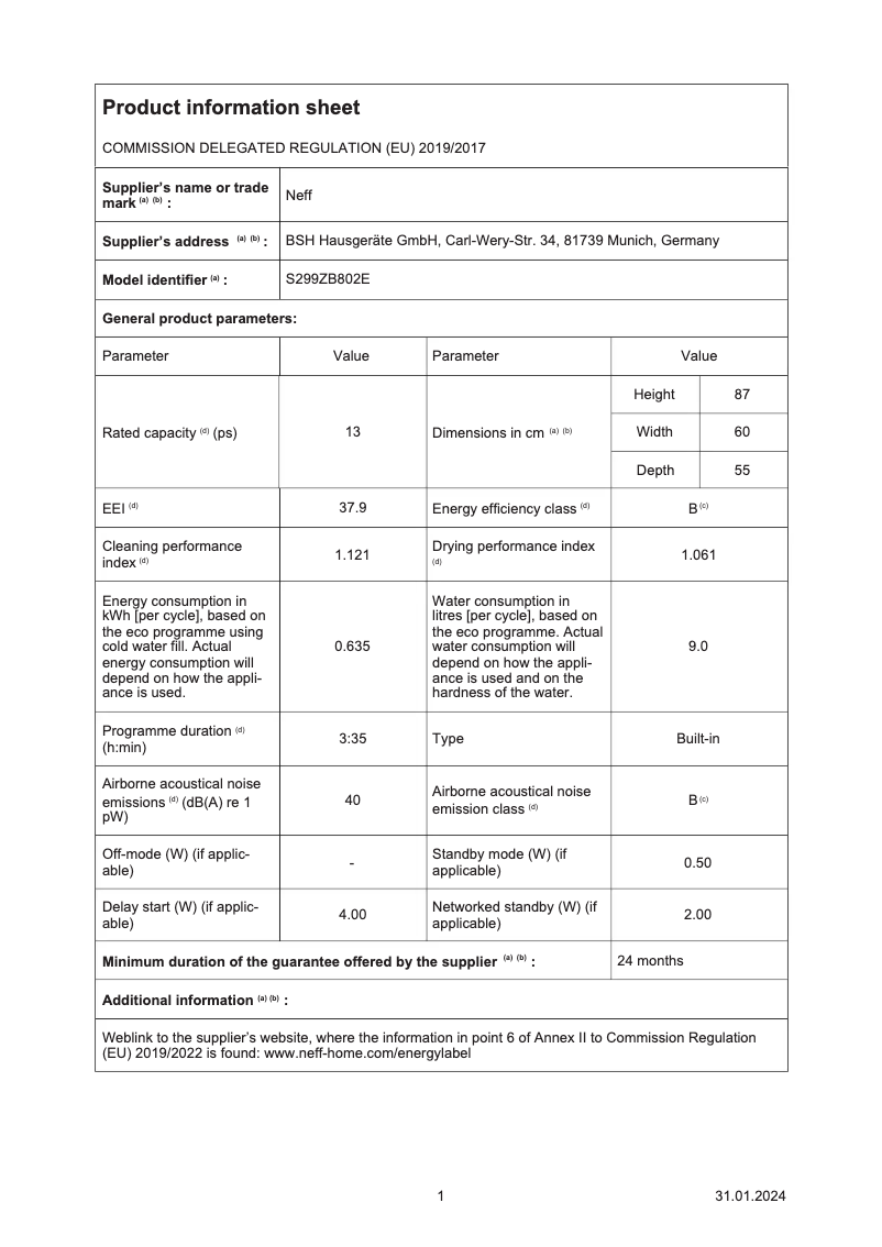 Page 1 de la notice Fiche technique Neff S299ZB802E