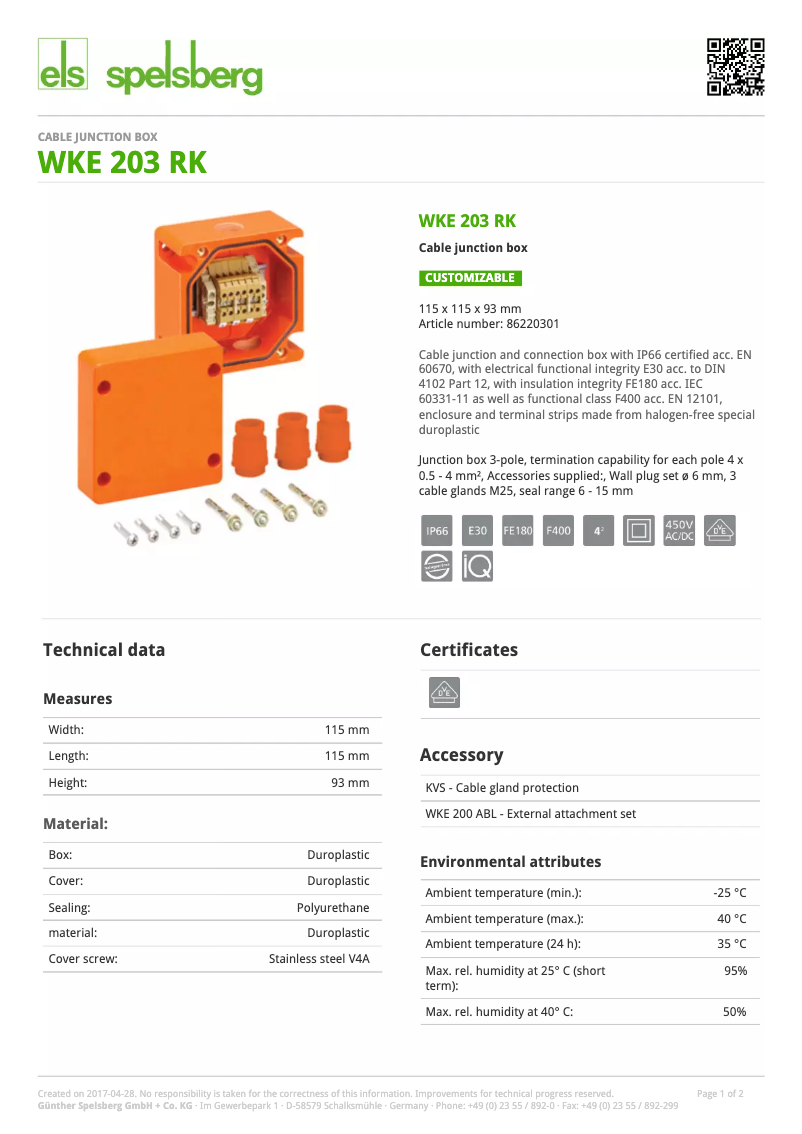 Page 1 de la notice Manuel utilisateur Spelsberg WKE 203 RK