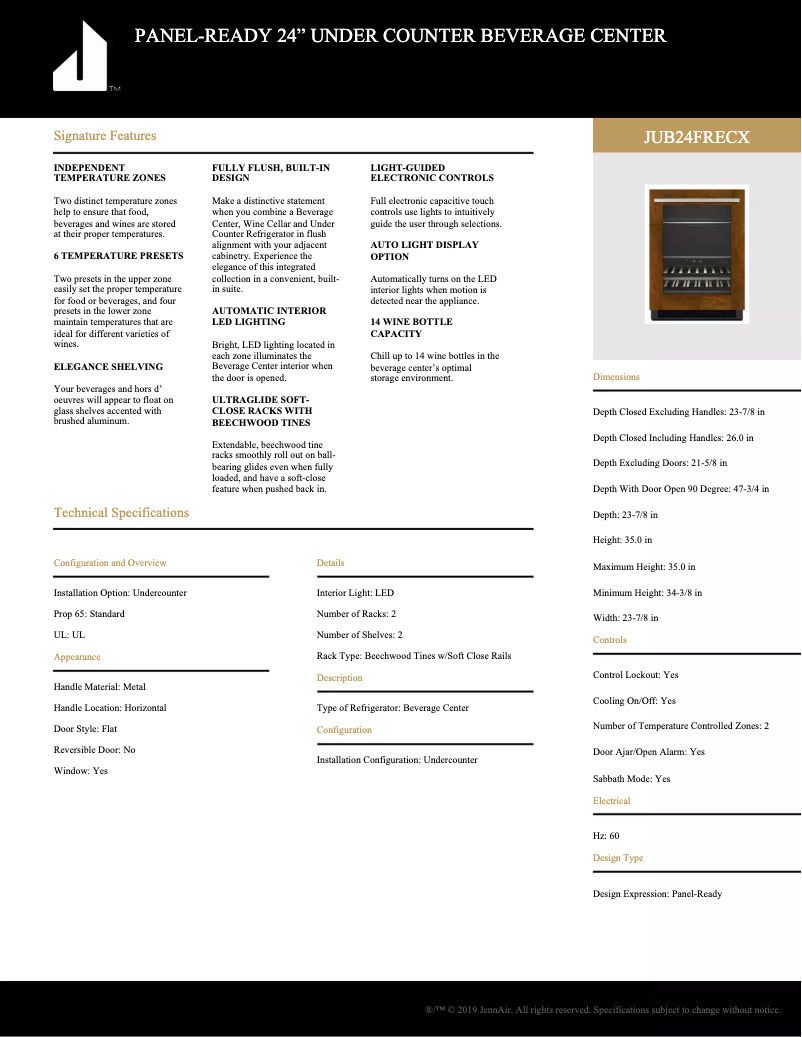 Page 1 de la notice Fiche technique JennAir JUB24FRECX