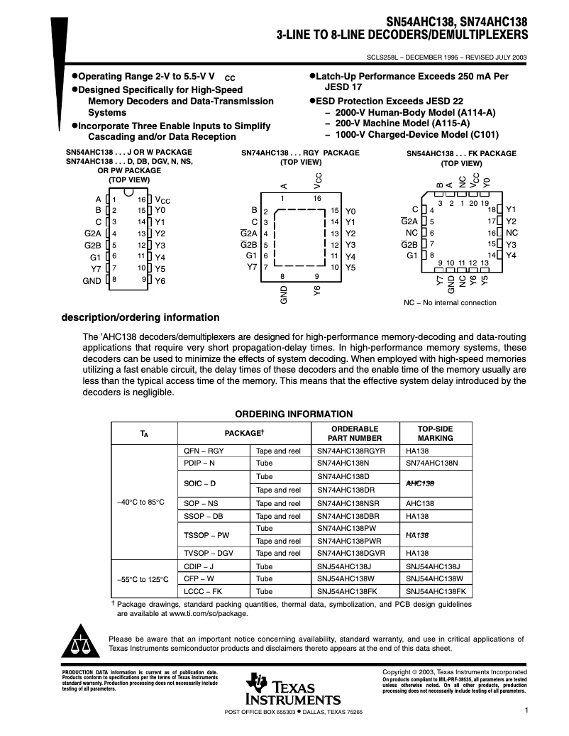 Page 1 de la notice Manuel utilisateur Texas Instruments SN74AHC138N
