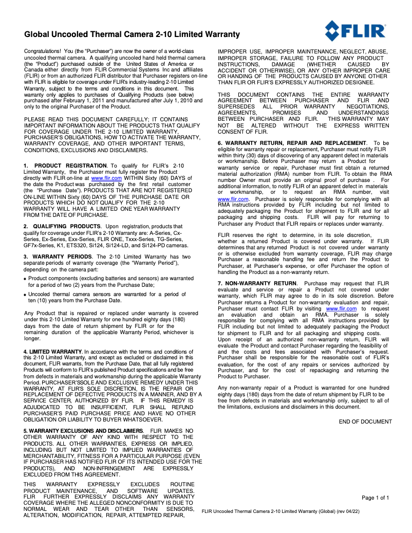 Page 1 de la notice Informations de garantie FLIR AX8