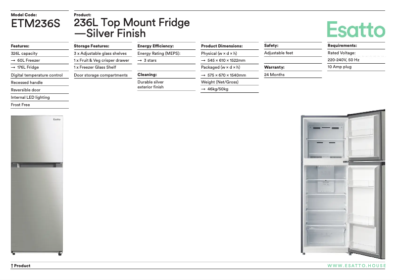 Page 1 de la notice Fiche technique Esatto ETM236S