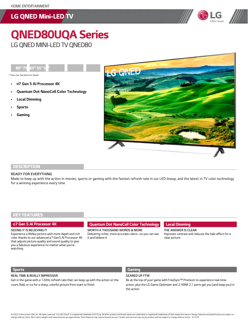 Page 1 de la notice Fiche technique LG 55QNED80UQA