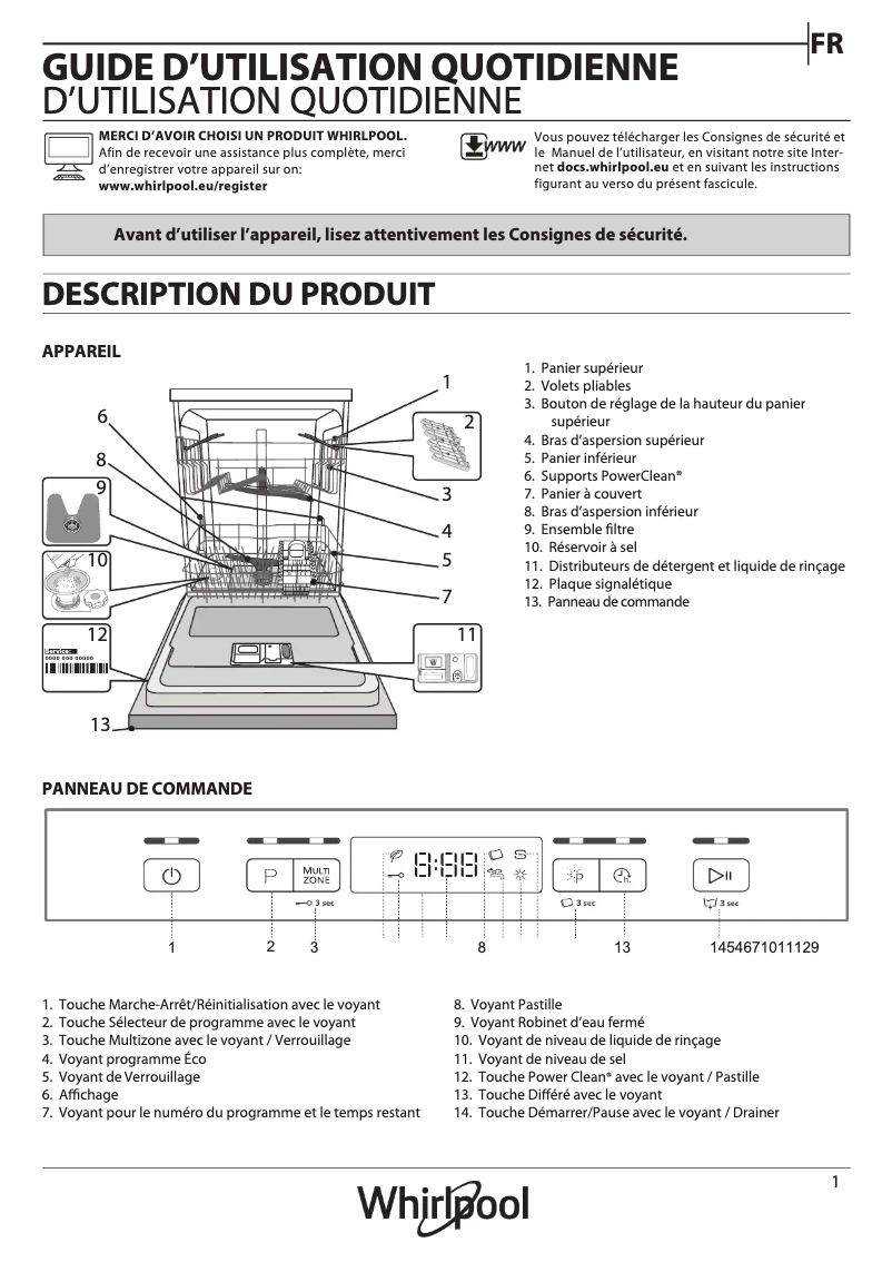 Page 1 de la notice Manuel d'utilisation et d'entretien Whirlpool WFC 3C34 AP X
