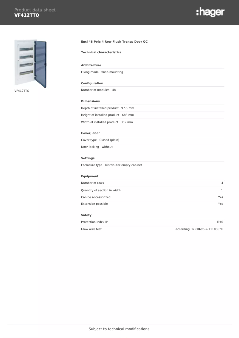 Página 1 del manual Ficha técnica Hager VF412TTQ