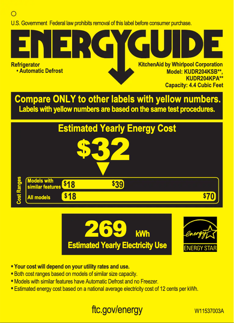 Page 1 de la notice Label énergétique KitchenAid KUDR204KSB