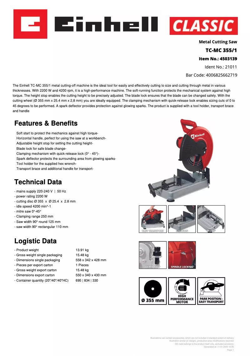 Page 1 de la notice Fiche technique Einhell TC-MC 355/1