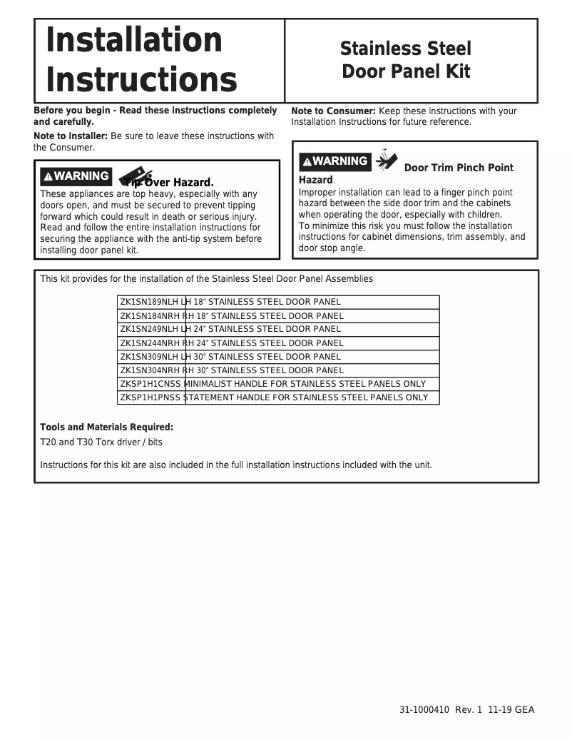Page 1 de la notice Manuel utilisateur Monogram ZK1SN309NLH