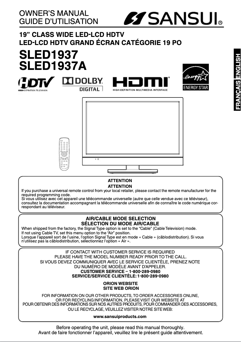 Page n°1 - Manuel utilisateur Sansui SLED1937