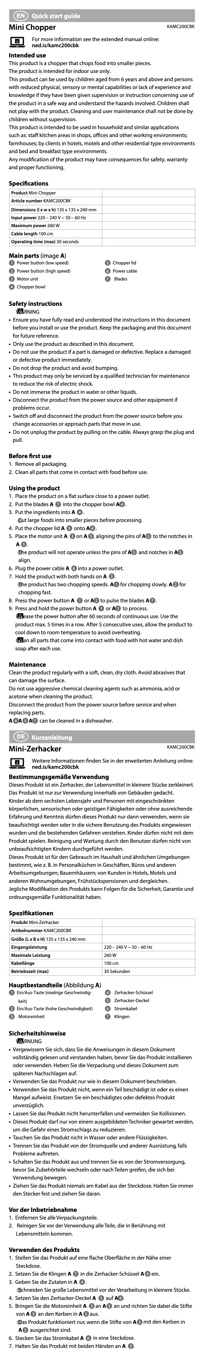 Page 1 de la notice Manuel utilisateur Nedis KAMC200CBK