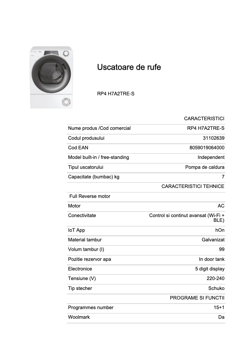 Page 1 de la notice Fiche technique Candy RP4 H7A2TRE-S
