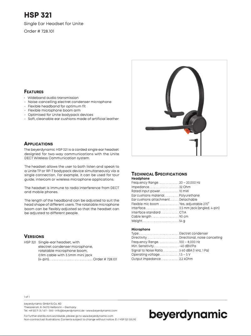 Page n°1 - Manuel utilisateur Beyerdynamic HSP 321