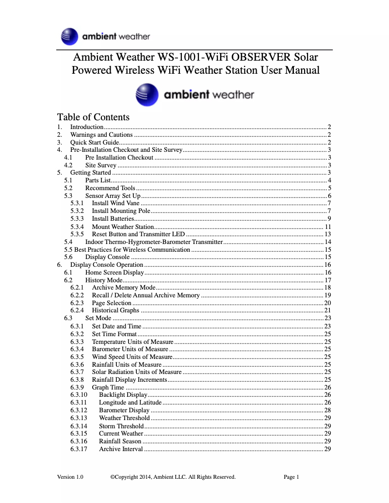 Page 1 de la notice Manuel utilisateur Ambient Weather WS-1000-WIFI