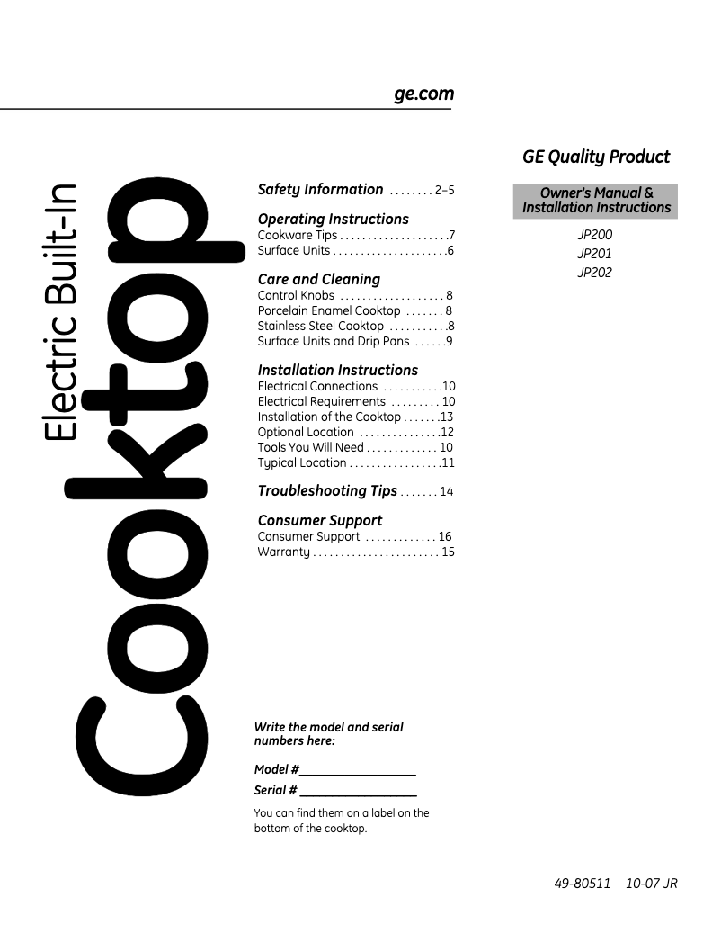 Image de la première page du manuel de l'appareil JP200VWH