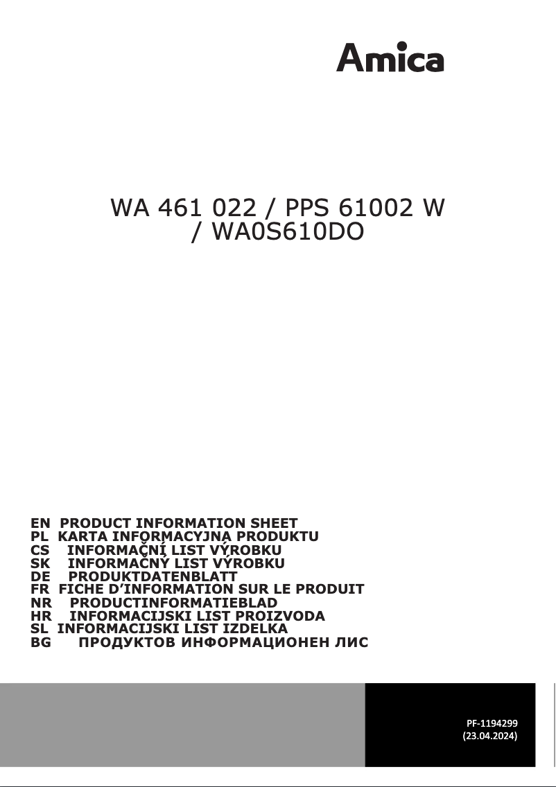 Page 1 de la notice Fiche technique Amica WA0S610DO