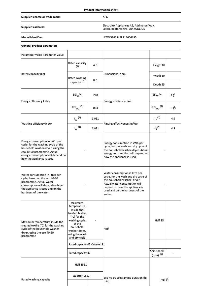 Page n°1 - Fiche technique AEG LX6WG84634BI