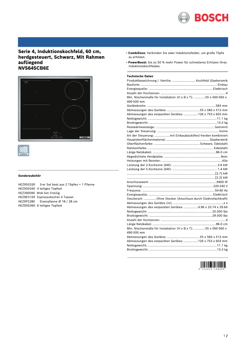 Page 1 de la notice Fiche technique Bosch NVS645CB6E