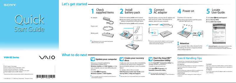 Page 1 de la notice Guide d'installation Sony Vaio VGN-BZ579TBB