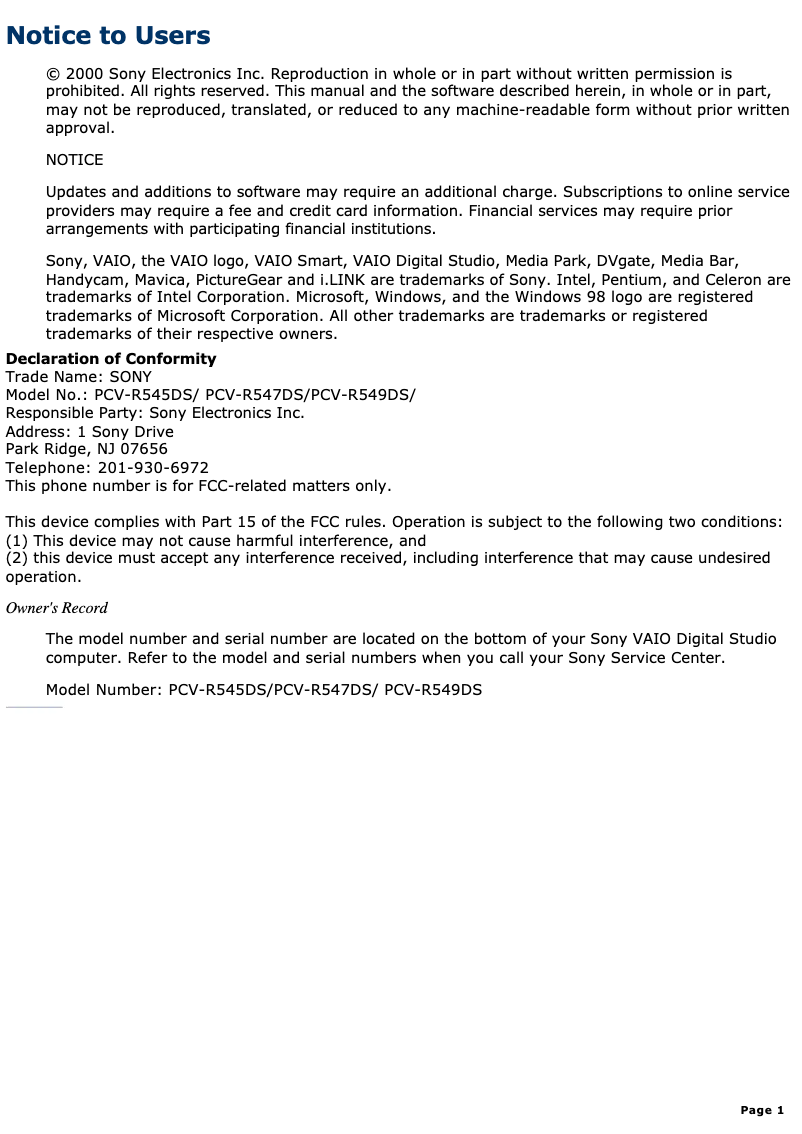 Image de la première page du manuel de l'appareil Vaio PCV-R545DS