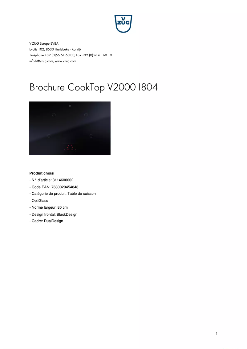 Page 1 de la notice Brochure V-Zug CookTop V2000 I804