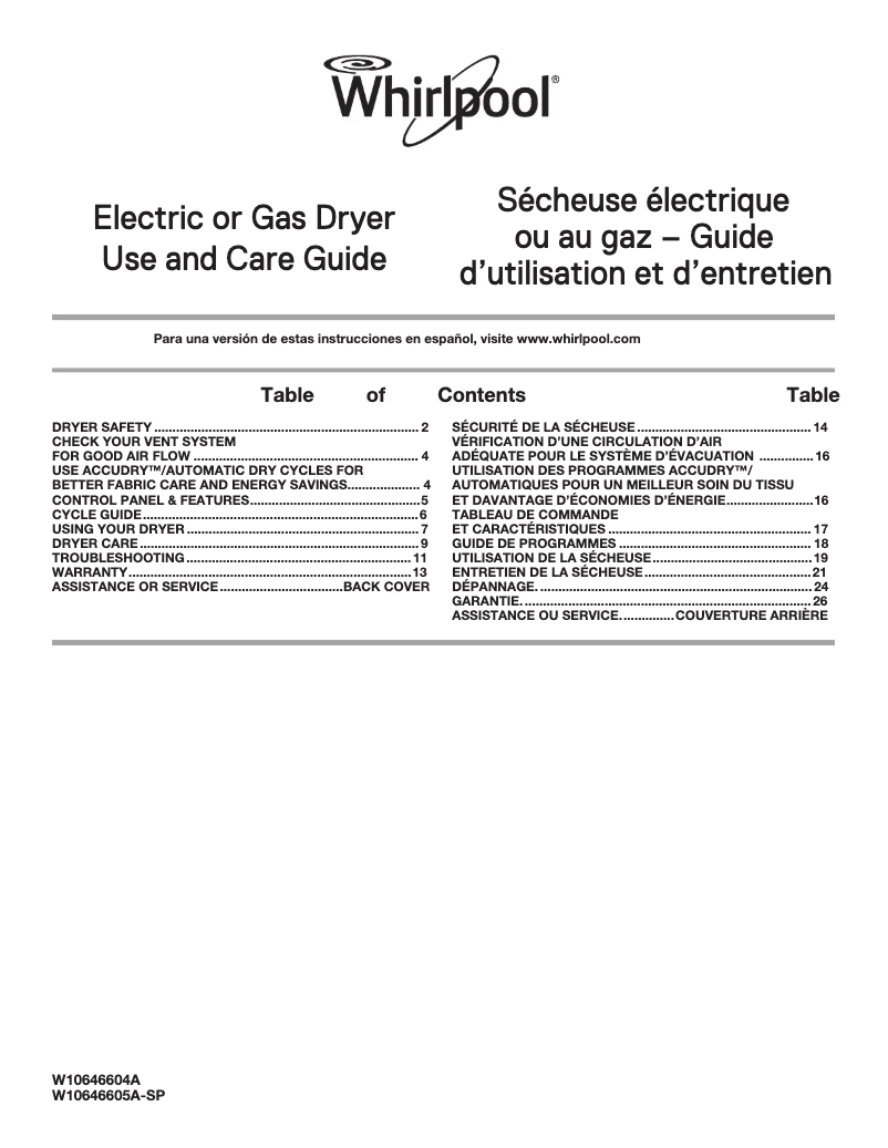 Page 1 de la notice Manuel d'utilisation et d'entretien Whirlpool WED49STB
