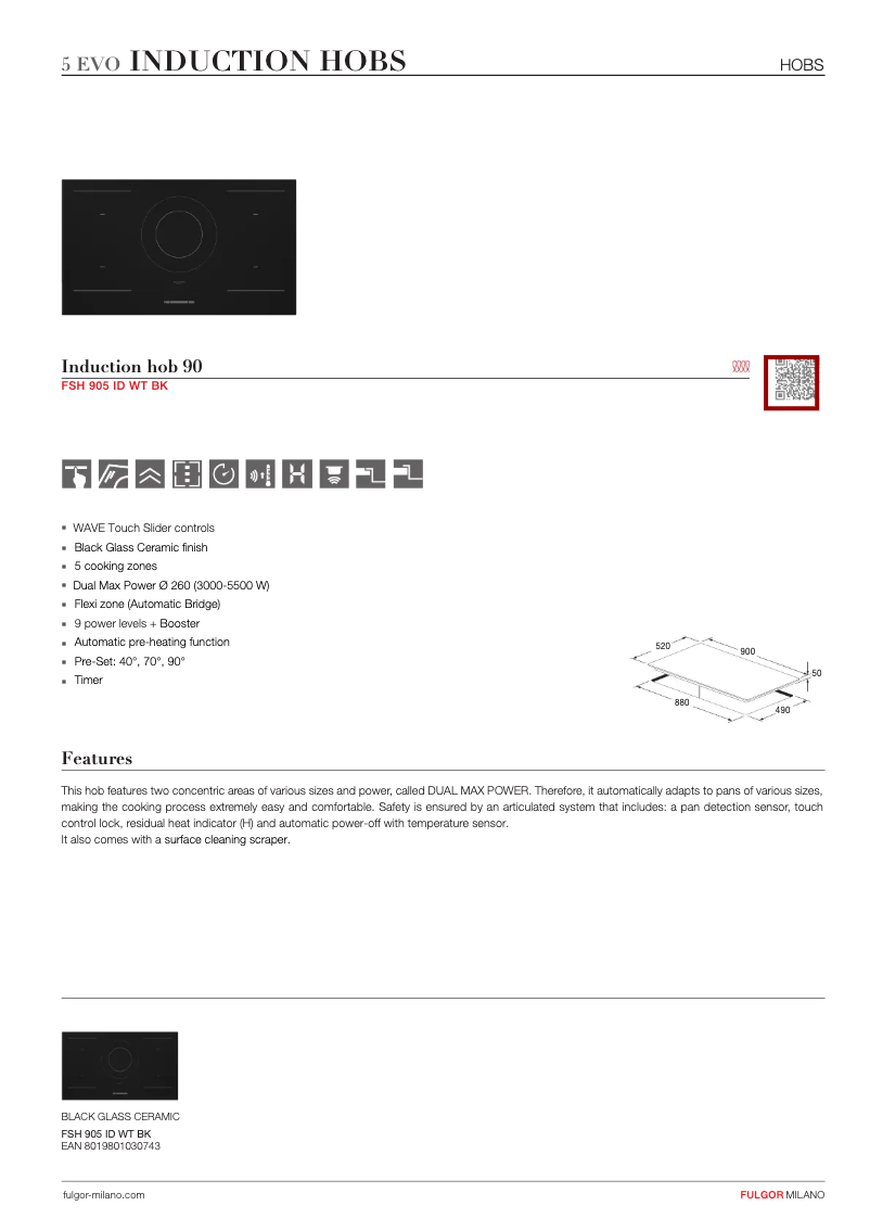 Page 1 de la notice Fiche technique Fulgor Milano FSH 905 ID WT BK