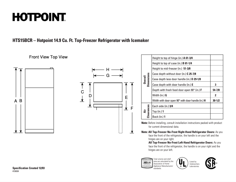 Page 1 de la notice Fiche technique Hotpoint HTS15BCRRWW