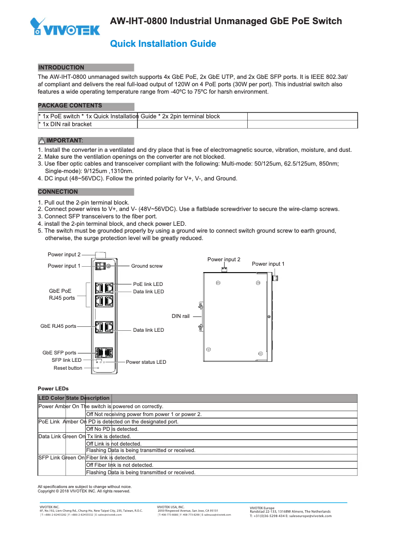 Page n°1 - Guide d'installation Vivotek AW-IHT-0800