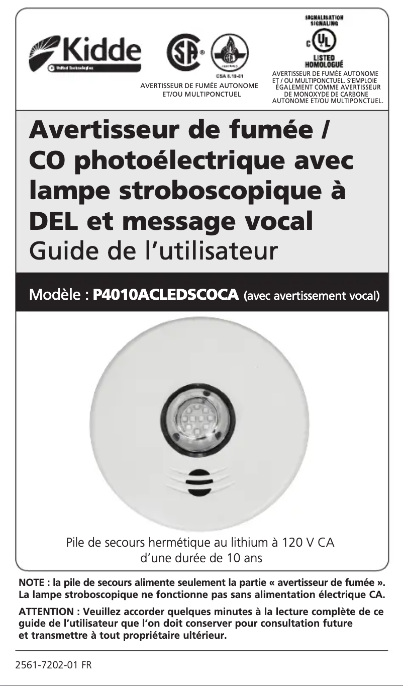 Page 1 de la notice Manuel utilisateur Kidde P4010ACLEDSCOCA