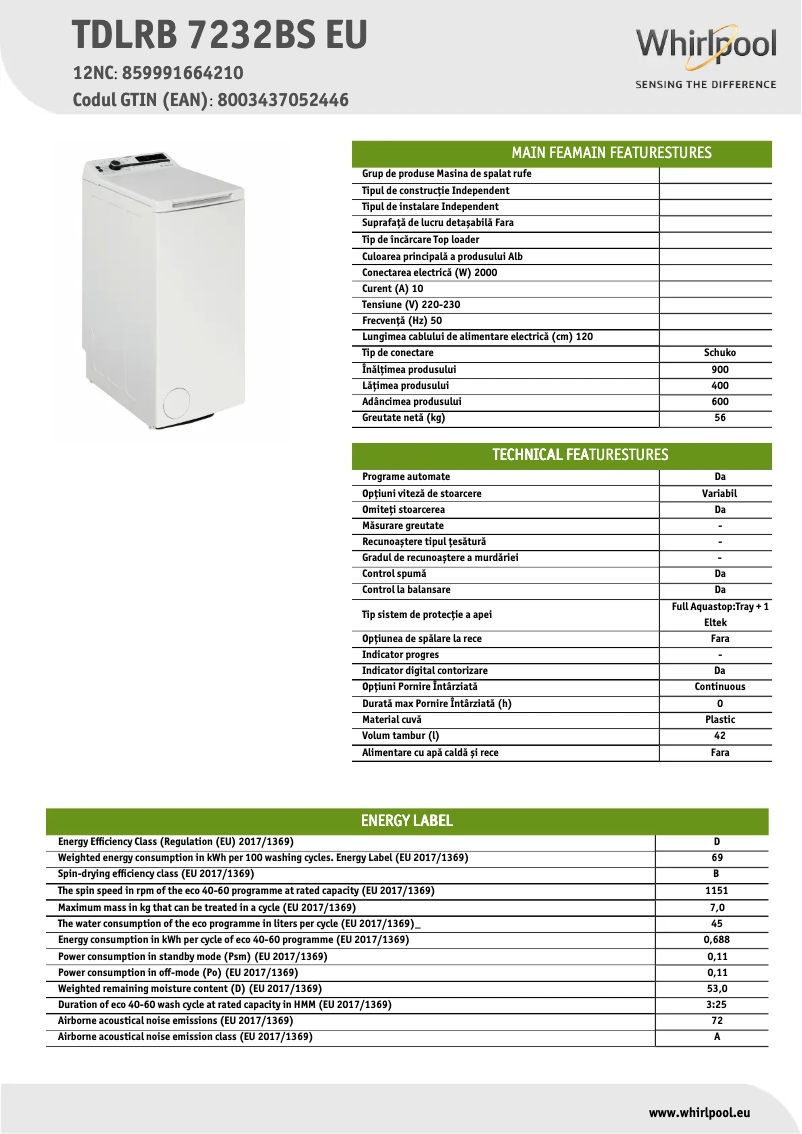 Page n°1 - Fiche technique Whirlpool TDLRB 7232BS