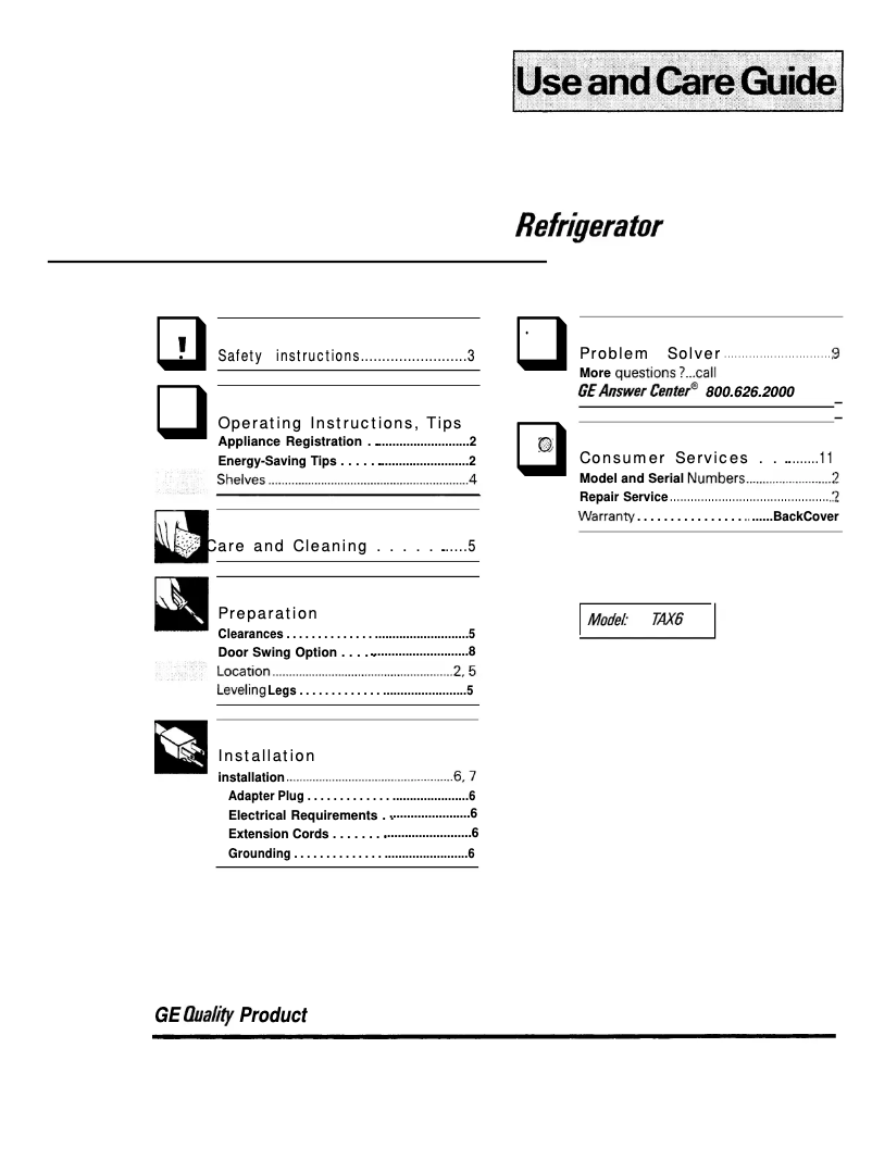 Page 1 de la notice Manuel d'utilisation et d'entretien GE TAX6SNXWH