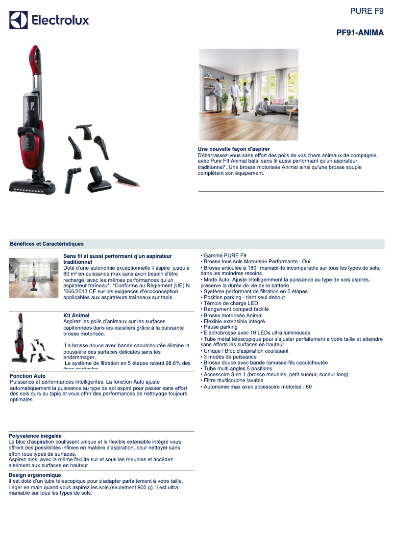 Page 1 de la notice Fiche technique Electrolux PF91-ANIMA