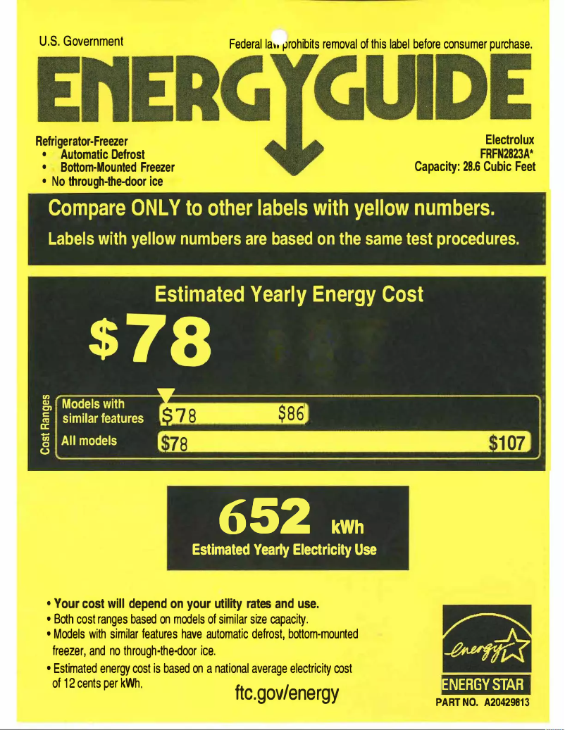 Page 1 de la notice Label énergétique Frigidaire FRFN2823AS