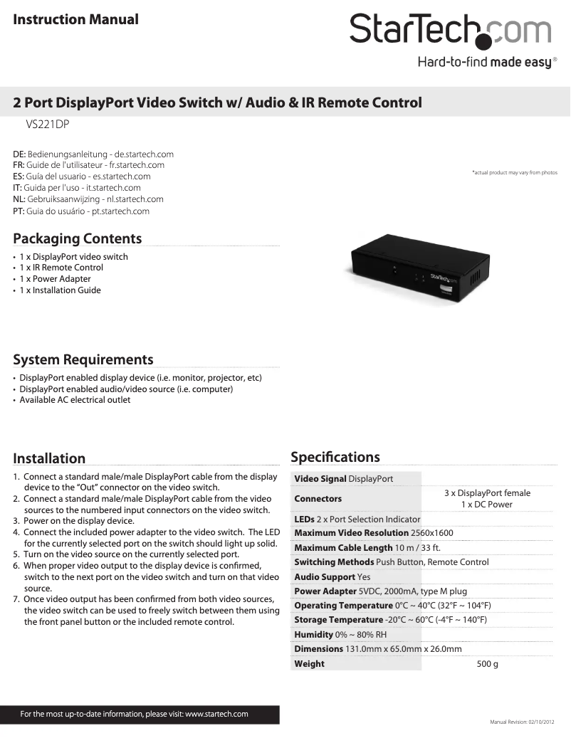 Page 1 de la notice Manuel utilisateur StarTech.com VS221DP