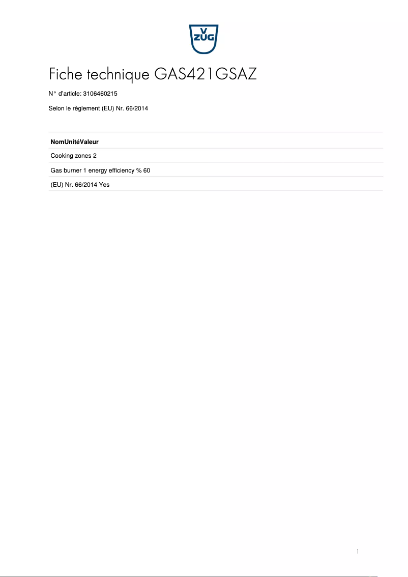 Page 1 de la notice Fiche technique V-Zug GAS421GSAZ