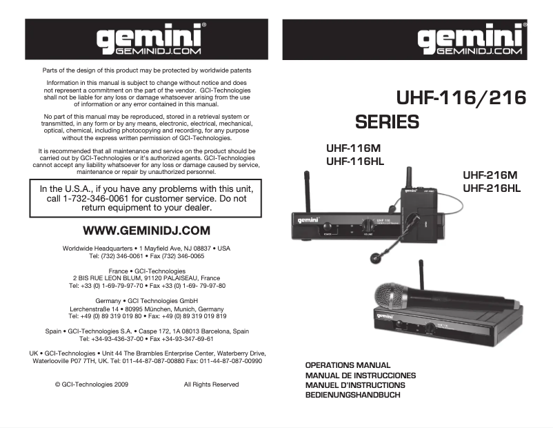 Page 1 de la notice Manuel utilisateur Gemini UHF-216HL