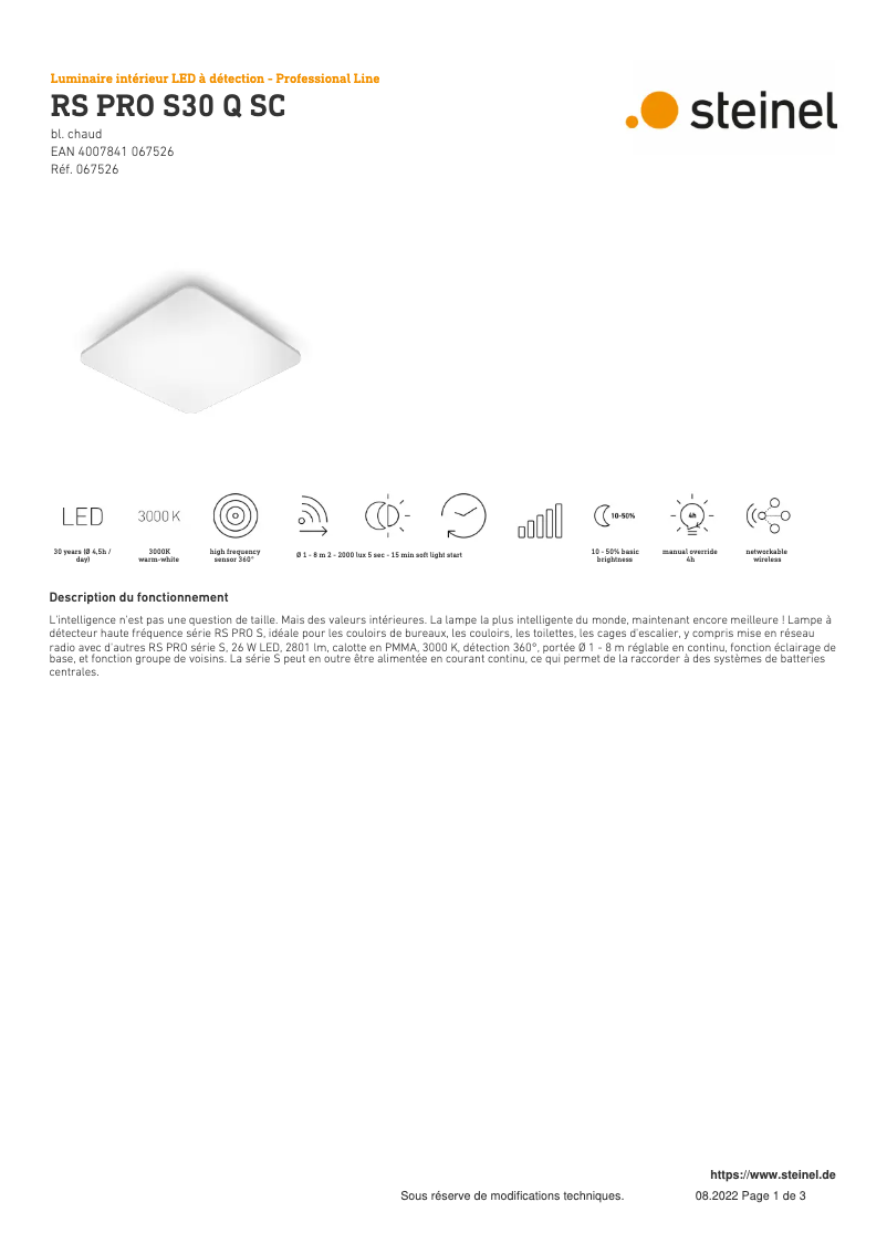 Page 1 de la notice Fiche technique Steinel RS PRO S30 Q SC