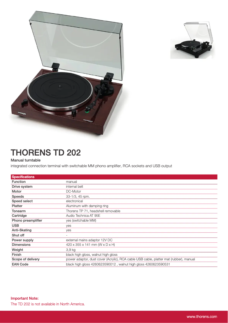 Page 1 de la notice Fiche technique Thorens TD202