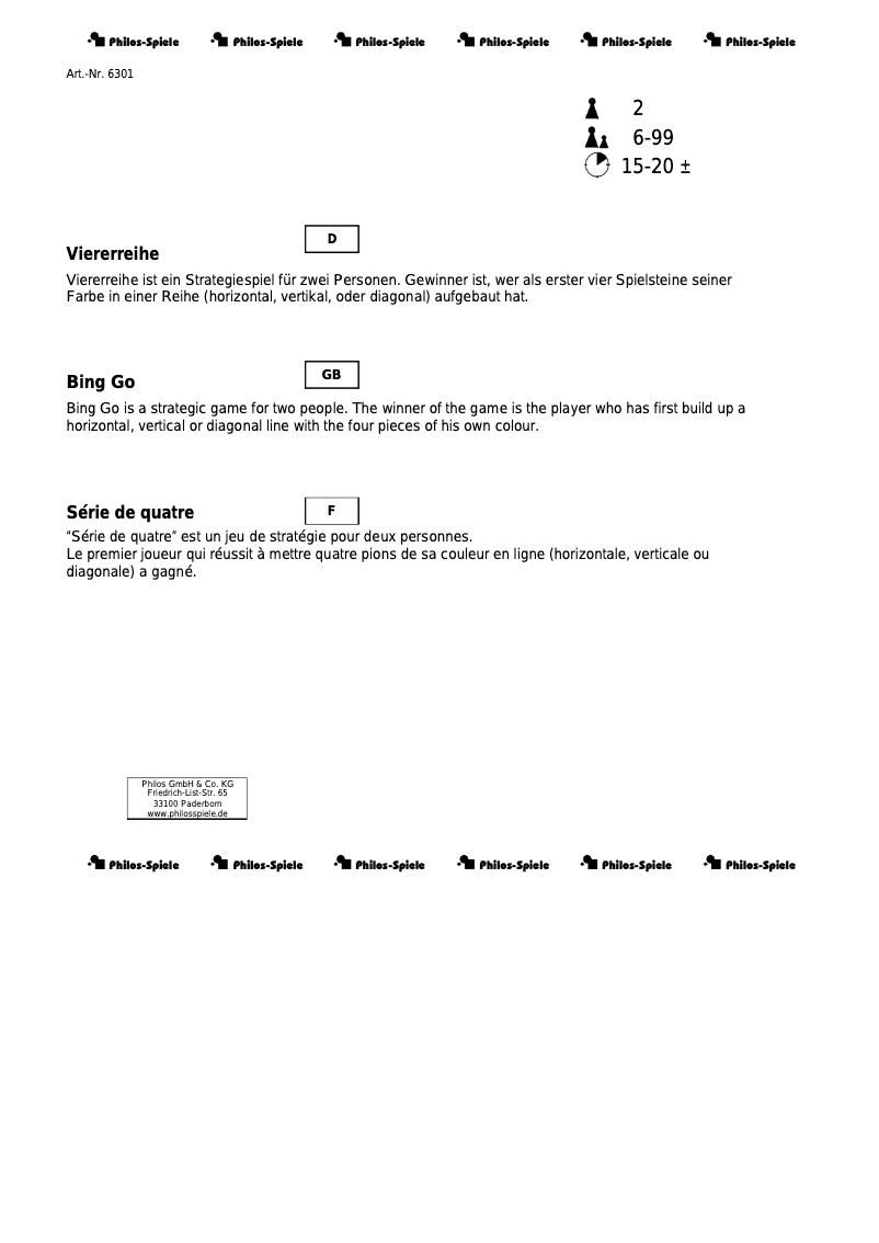 Page n°1 - Manuel utilisateur Philos Vier gewinnt Samena klein