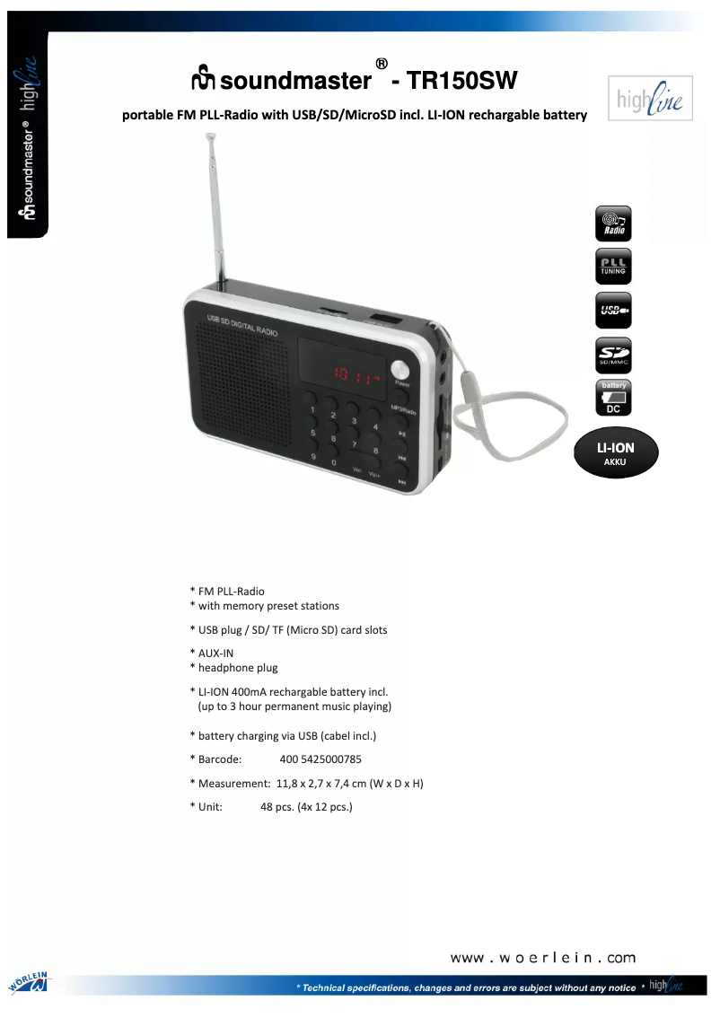 Page n°1 - Fiche technique Soundmaster TR150SW