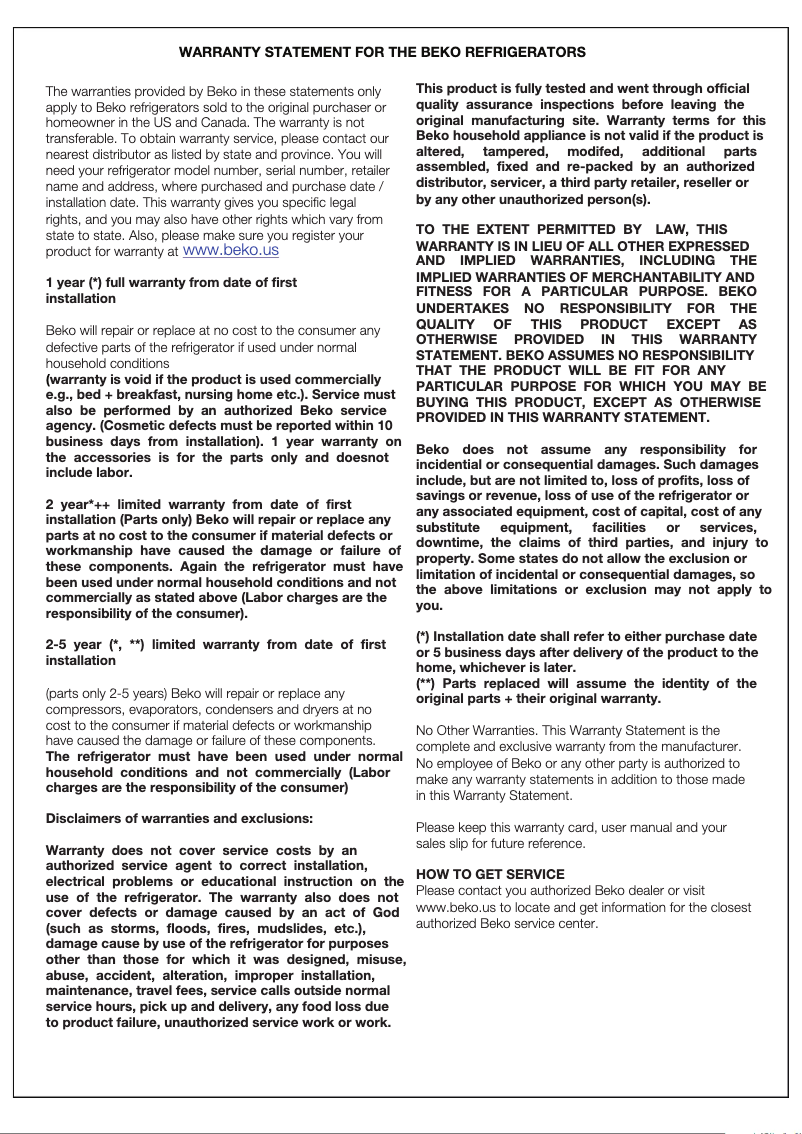 Page 1 de la notice Informations de garantie Beko BFFD3620SS