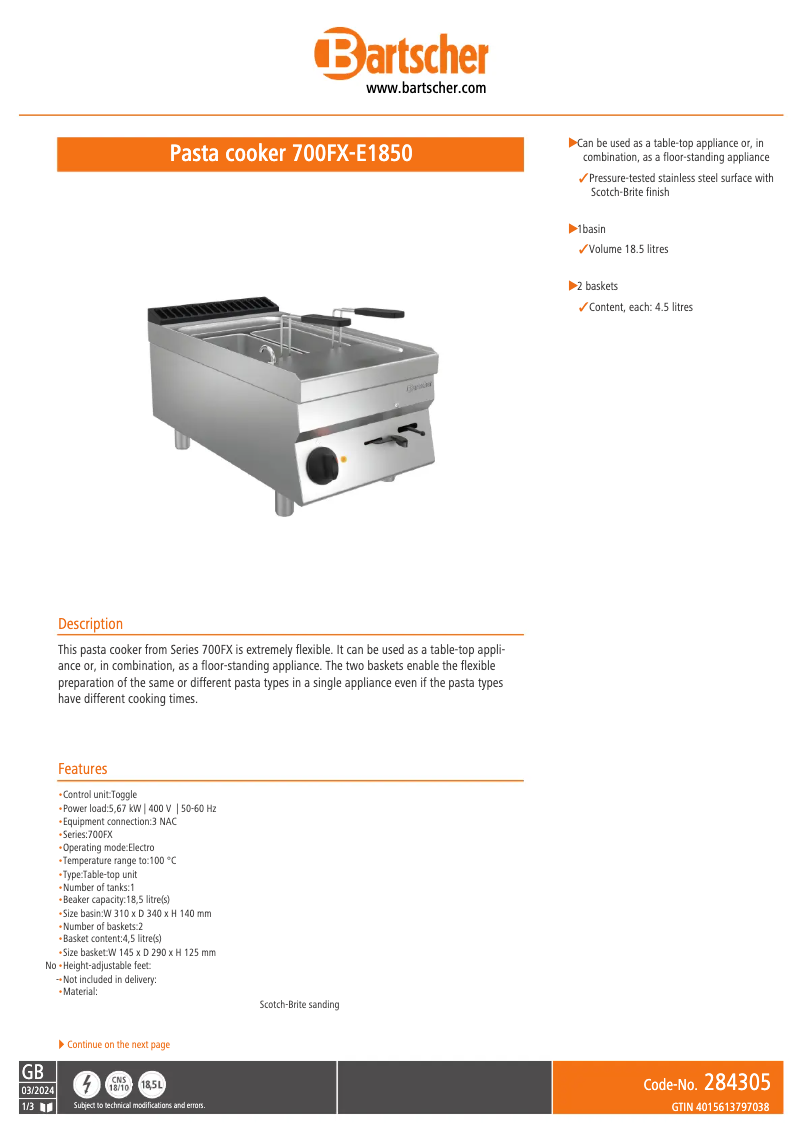 Página 1 del manual Ficha técnica Bartscher 700FX-E1850