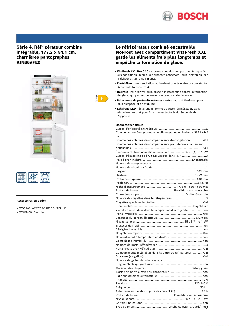 Page n°1 - Fiche technique Bosch KIN86VFE0