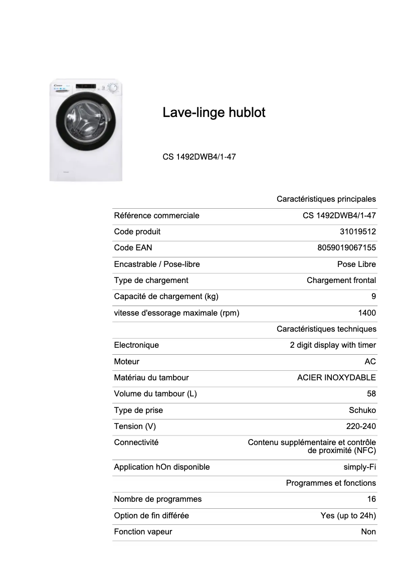 Page 1 de la notice Fiche technique Candy CS 1492DWB4/1-47